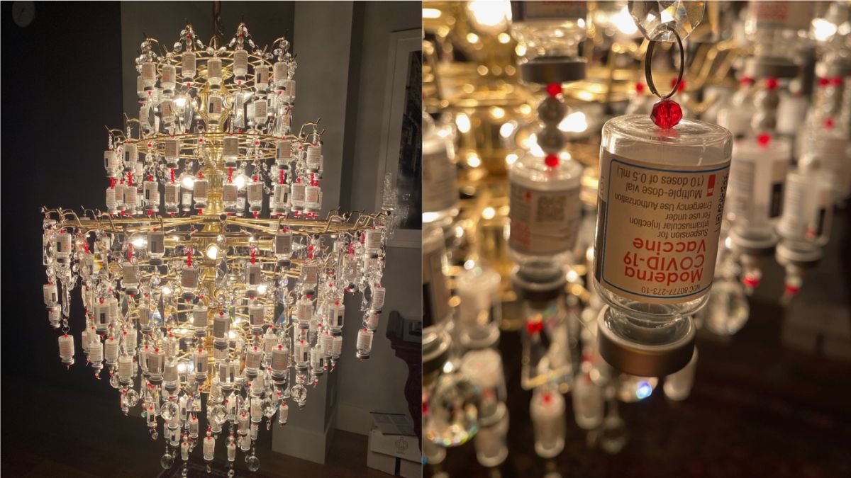 ▲美國一名護理師Laura Weiss收集了莫德納疫苗空瓶，並透過巧手打造成「疫苗水晶燈」掀起熱議。（圖／翻攝自Boulder County Public Health臉書粉專）
