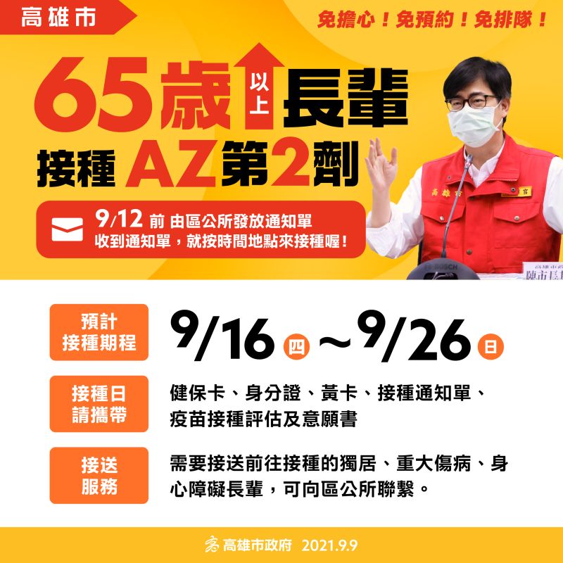 ▲高雄市老人第二劑新冠肺炎疫苗將在9月16-26日統一接種,若黃卡遺失可向衛生所申請補發。(圖/高市府提供)