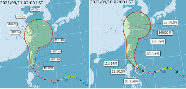 ▲強颱「璨樹」受到「太平洋高壓」導引,向北北西轉北,沿台灣東側北上,「不確定性」範圍(紅框)已較昨日(右圖)明顯縮小。(圖/翻攝三立準氣象.老大洩天機)