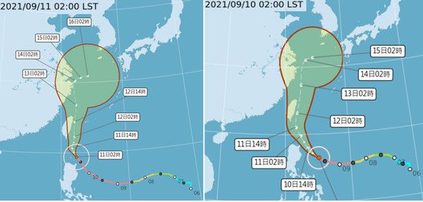 ▲強颱「璨樹」受到「太平洋高壓」導引，向北北西轉北，沿台灣東側北上，「不確定性」範圍（紅框）已較昨日（右圖）明顯縮小。（圖／翻攝三立準氣象．老大洩天機）