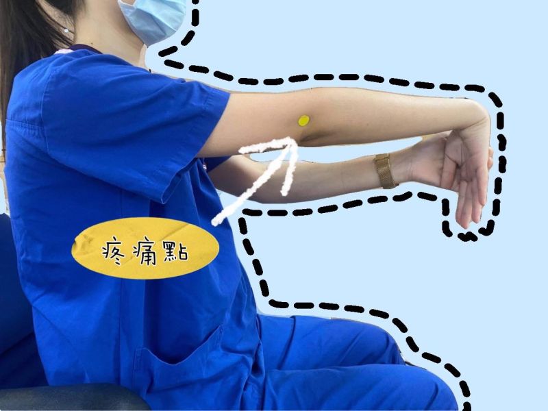 ▲第3招-向上被動伸展:患側手臂向前舉直,掌心朝前、手指向上,另一隻手抓住患側手掌並往後扳。(圖/臺北醫院提供)