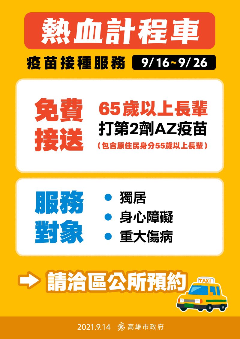 ▲高雄市65歲以上獨居、行動不便者可向區公所申請熱血計程車。（圖／高市府提供）