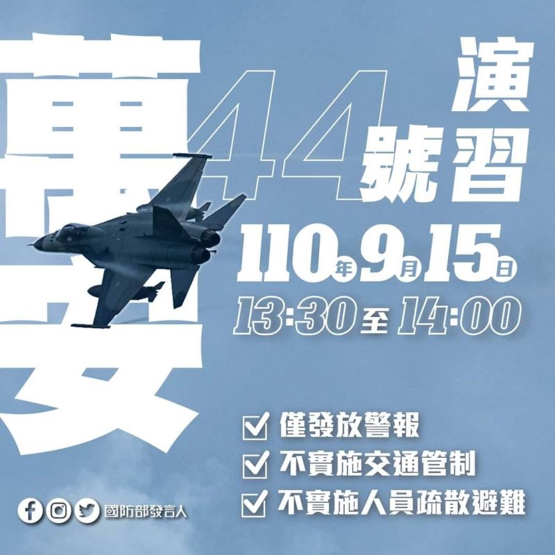 萬安演習15日下午登場　發送空襲簡訊、人車不管制
