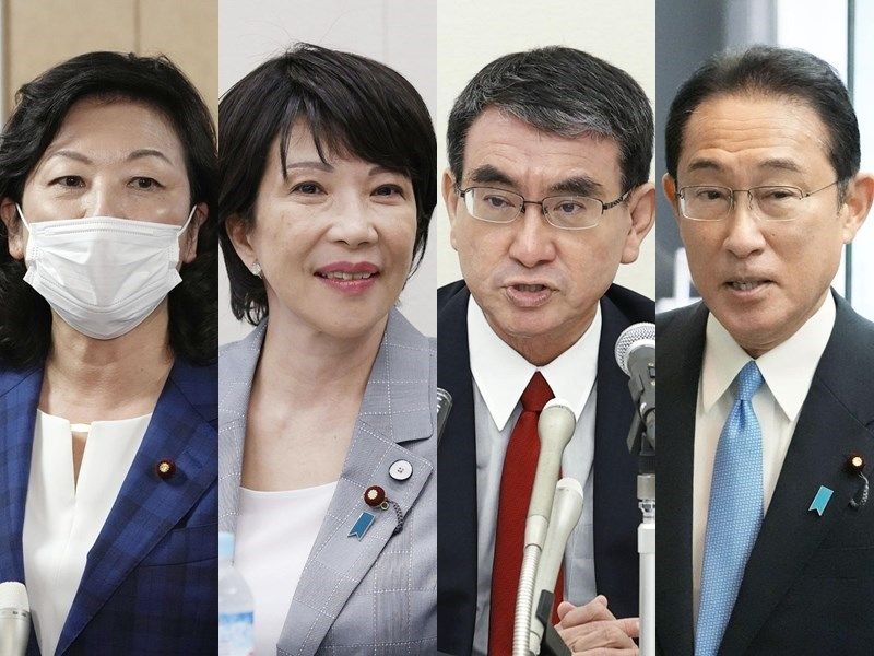 ▲所有有意角逐下屆日本首相的候選人皆表示，支持台灣申請加入跨太平洋夥伴全面進步協定（CPTPP）。圖為自民黨總裁參選人野田聖子（左起）、高市早苗、河野太郎及岸田文雄。（圖／翻攝自《共同社》）