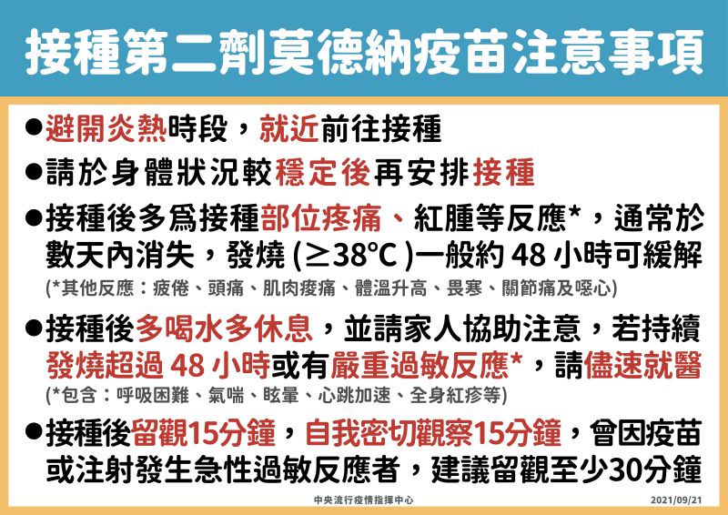 ▲指揮中心提醒接種第二劑莫德納疫苗五大注意事項。(圖/指揮中心提供)