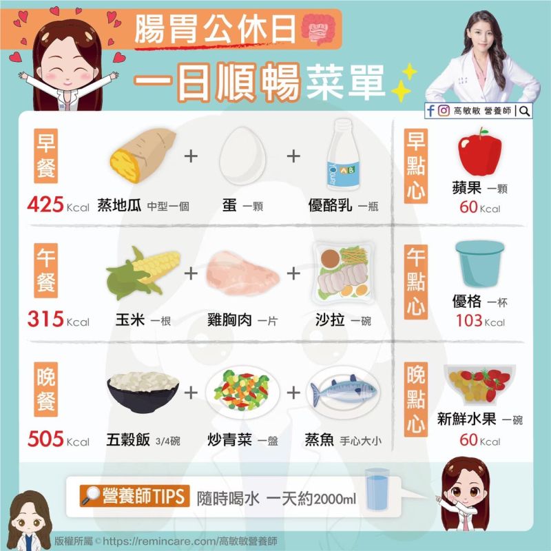 ▲腸胃公休日的一日菜單。(圖/翻攝自高敏敏臉書)