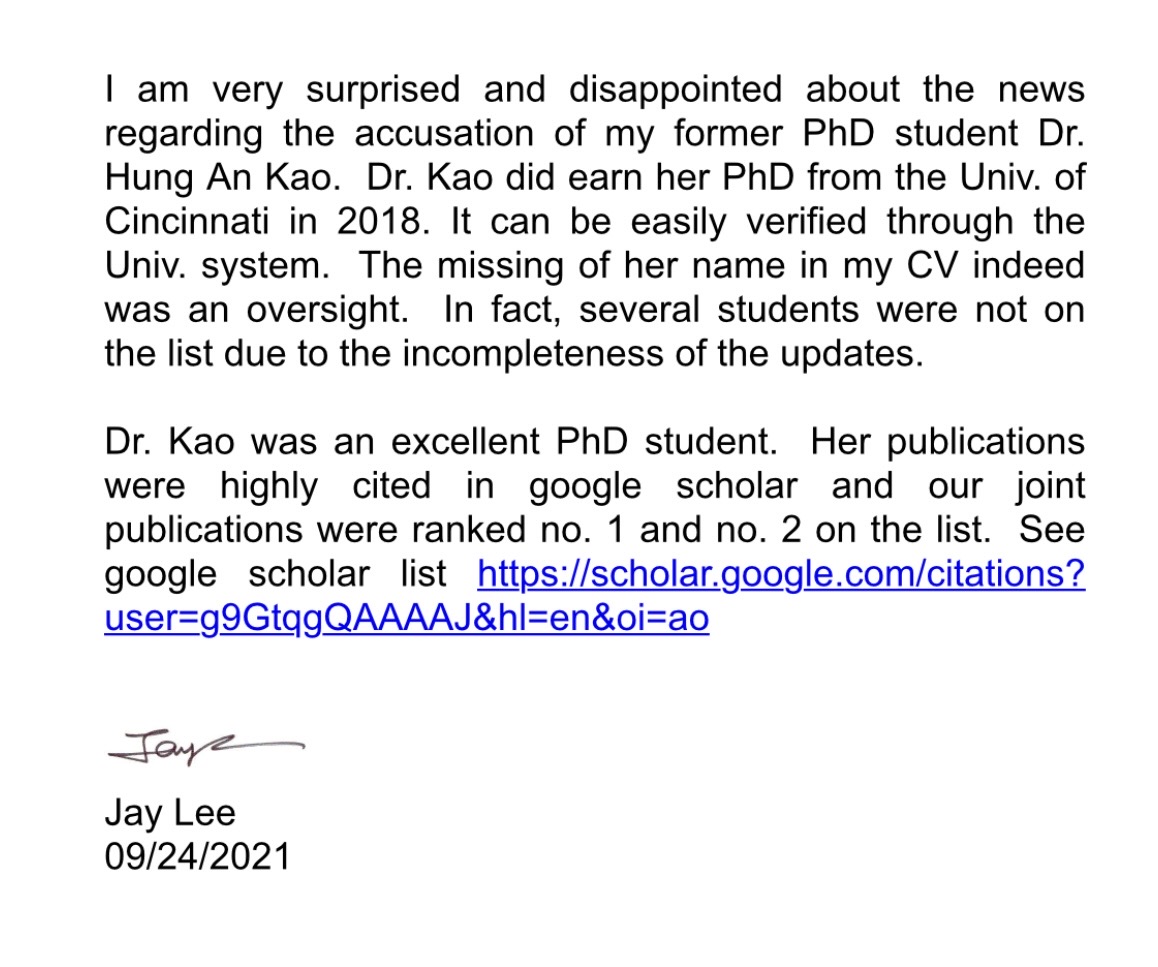 ▲民眾黨立委高虹安的美國辛辛那提大學博士學歷遭質疑，民眾黨團出示高虹安指導教授李傑的聲明反駁。  （圖/新頭殼）