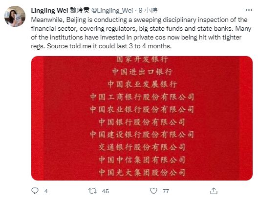 ▲華爾街日報記者關注北京對金融部門的巡視與監管。（圖／翻攝自推特）
