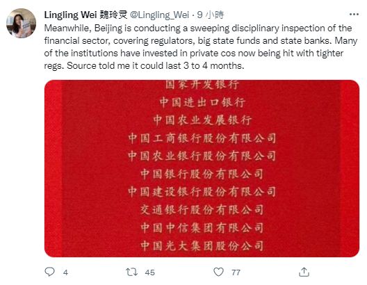 ▲華爾街日報記者關注北京對金融部門的巡視與監管。(圖/翻攝自推特)