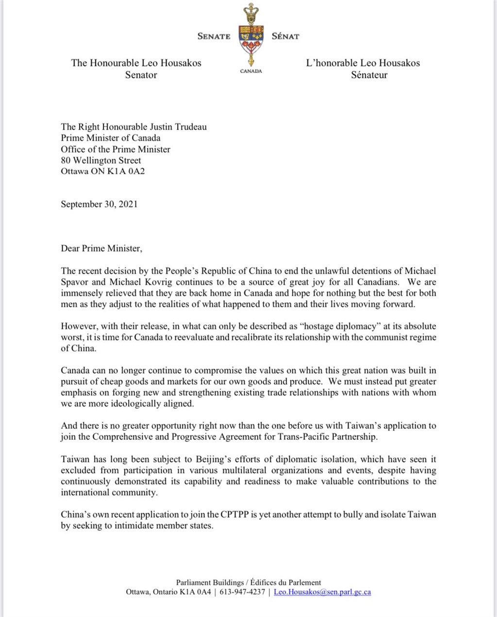 ▲加拿大保守黨參議員郝薩科斯9月30日致函總理杜魯道，呼籲加拿大政府公開支持台灣申請加入跨太平洋夥伴全面進步協定（CPTPP）。（圖取自SenatorHousakos推特）