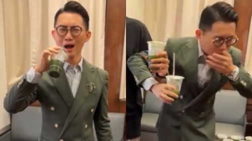 ▲金鐘典禮超時,視網膜喝香菜汁自我懲罰。(圖/視網膜臉書) ▲金鐘典禮超時,視網膜喝香菜汁自我懲罰。(圖/視網膜臉書)