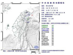 ▲今（4）日下午2點07分，台灣北部發生有感地震。（圖／翻攝氣象局網站）