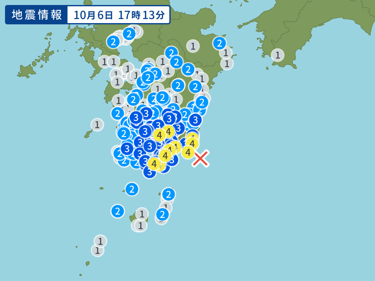 ▲日本時間今天下午5時13分左右發生地震，氣象廳推定規模5.5，震源在九州南部大隅半島東方海域，深度約40公里，未引發海嘯。（圖／翻攝自Yahoo!Japan）