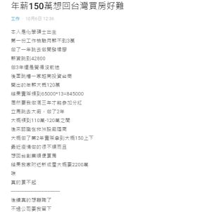 ▲在國外打拼的碩士生,見到台灣房價後,返鄉創業的夢想立刻被澆熄。(圖/翻攝Dcard) ▲在國外打拼的碩士生,見到台灣房價後,返鄉創業的熱誠立刻被澆熄。(圖/翻攝Dcard)