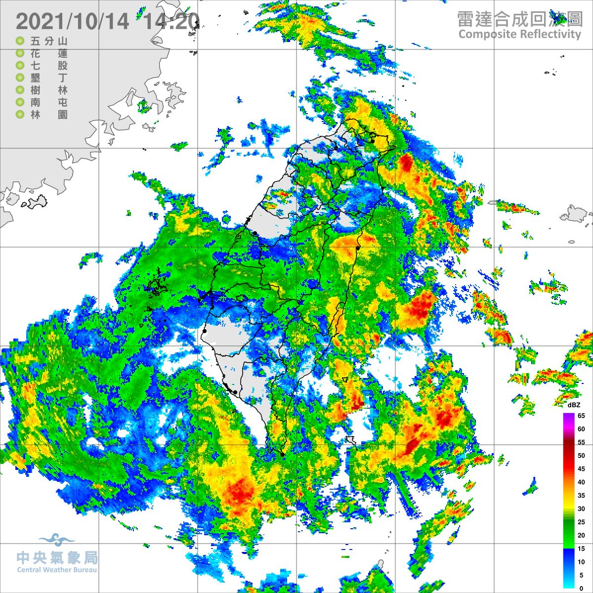 ▲氣象局14日下午針對宜、花、東、屏四縣市發布大雨特報。（圖／中央氣象局提供）