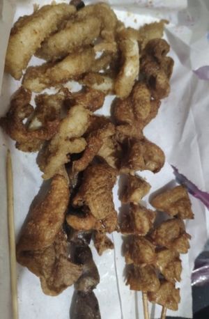 沒有啦,不過這家店沒菜單,兩串雞屁股+雞心+雞皮+魷魚,我猜70元上下 ▲