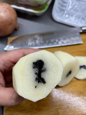 ▲有網友笑稱馬鈴薯中央呈現黑色,像「隱藏版芝麻餡」。 ▲有網友笑稱馬鈴薯中央呈現黑色,像「隱藏版芝麻餡」。