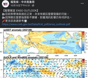 ▲中央氣象局日前預期反聖嬰強度較不顯著，對台灣的影響仍有待評估。（圖／翻攝自中央氣象局臉書）