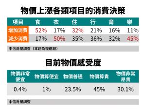 房仲統計民眾對於物價上漲各類項目的消費決策與目前物價感受度。(表/中信房屋提供) ▲房仲統計民眾對於物價上漲各類項目的消費決策與目前物價感受度。(表/中信房屋提供)
