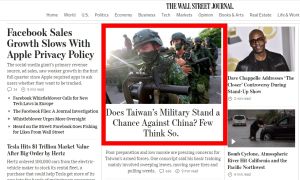▲《華爾街日報》（WSJ）25日以頭版篇幅報導了美國軍事人員對台灣軍力的看法。（圖／翻攝自《華爾街日報》）
