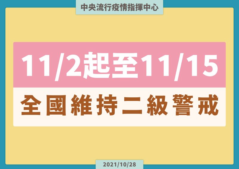 ▲指揮中心宣布11月2日至11月15日維持疫情警戒標準為第二級。(圖/指揮中心提供)