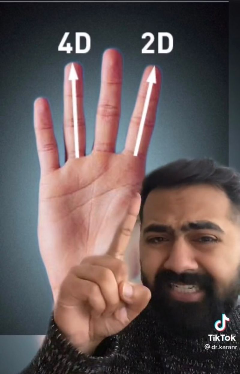 ▲研究表示，手指有「2D:4D比例」，若無名指越短則生殖器越長。（圖／取自TikTok@dr.karanr）
