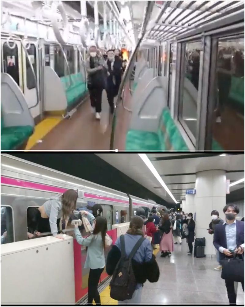 ▲服部恭太在電車上隨機砍人、縱火,車廂乘客嚇得拼命逃竄。(圖/翻攝自@kikuzaka46_Bay、@siz33推特)