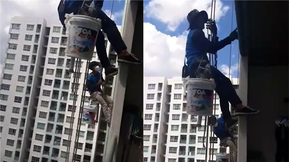 ▲泰國日前傳出一起高空驚魂，2名油漆工在30樓高施作時發現，身上綁著的安全繩竟被21樓女住戶拿剪刀剪斷，嚇得連忙向其餘住戶求救。（圖／美聯社）
