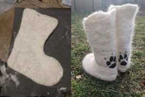 ▲蘇萊伊的朋友夏綠蒂花了兩天時間，將廢毛製作成一雙「狗毛雪靴」，後面還有黑色的狗爪印，非常可愛！（圖／臉書社團Dogspotting Society）