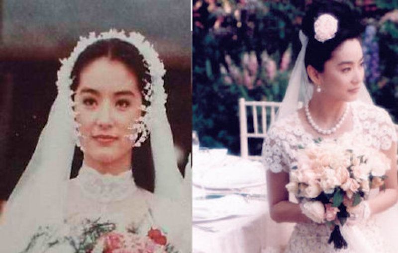 ▲有粉絲找出林青霞當年拍結婚戲的劇照（左）和她40歲大婚時的婚紗照（右）作比較。（圖／翻攝微博）
