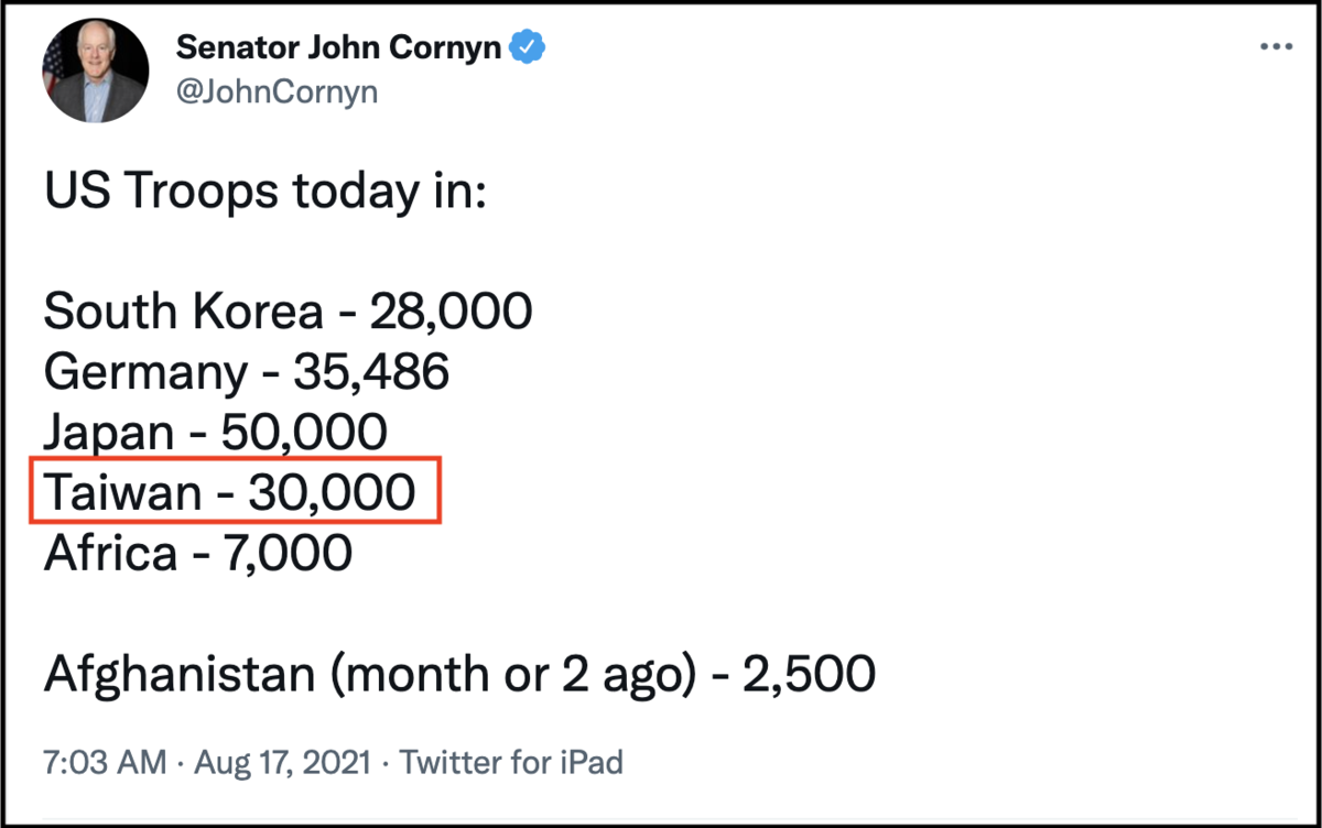 ▲美國參議員約翰．康寧（John cornyn）搭美軍機返台，他曾在8月於推特發文稱台灣有3萬美軍。(圖／翻攝自John Cornyn推特)