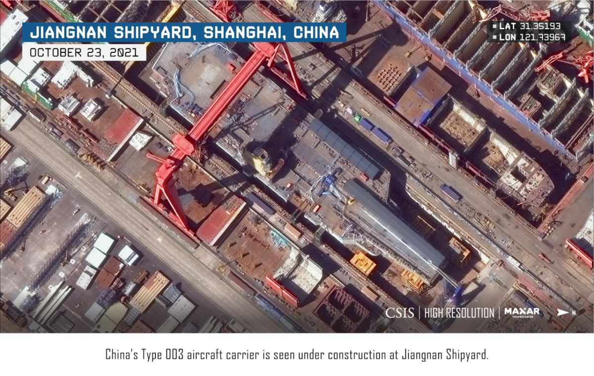 ▲華府智庫CSIS分析衛星影像指出，號稱中國最先進地003型航空母艦，最快明年2月就能下水。（圖翻攝自CSIS官網）