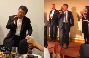 衛福部長陳時中 ▲身兼指揮中心指揮官的衛福部長陳時中,先後流出聚餐未戴口罩高歌片,引發社會議論,質疑有違防疫規定。左為第一部流傳片。(圖/翻攝畫面、取自田方倫臉書)
