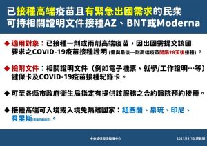 ▲指揮中心更正接種高端可入境國的資料，將原先列出的以色列與阿根廷拿掉，貝里斯則是實施日期待定。（圖／指揮中心提供）