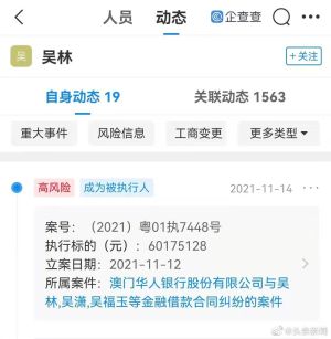 ▲吳亦凡的表哥吳林遭強致執行6千萬人民幣。（圖／翻攝頭條新聞微博）