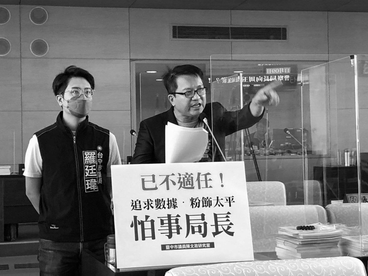 ▲國民黨台中市議員陳文政（右）16日指出，日前一家人力派遣公司將20歲男子毆打虐死，11天後又把鄰居打到顱內出血，2案警方都僅有「函送」，不斷縱放、實在離譜，要求警察局長蔡蒼柏下台。（圖／翻攝自陳文政臉書）