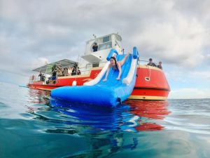 張家瑋 ▲張家瑋以頭朝下姿勢,嗨玩刺激的「海上滑溜梯」。(圖/民視提供)