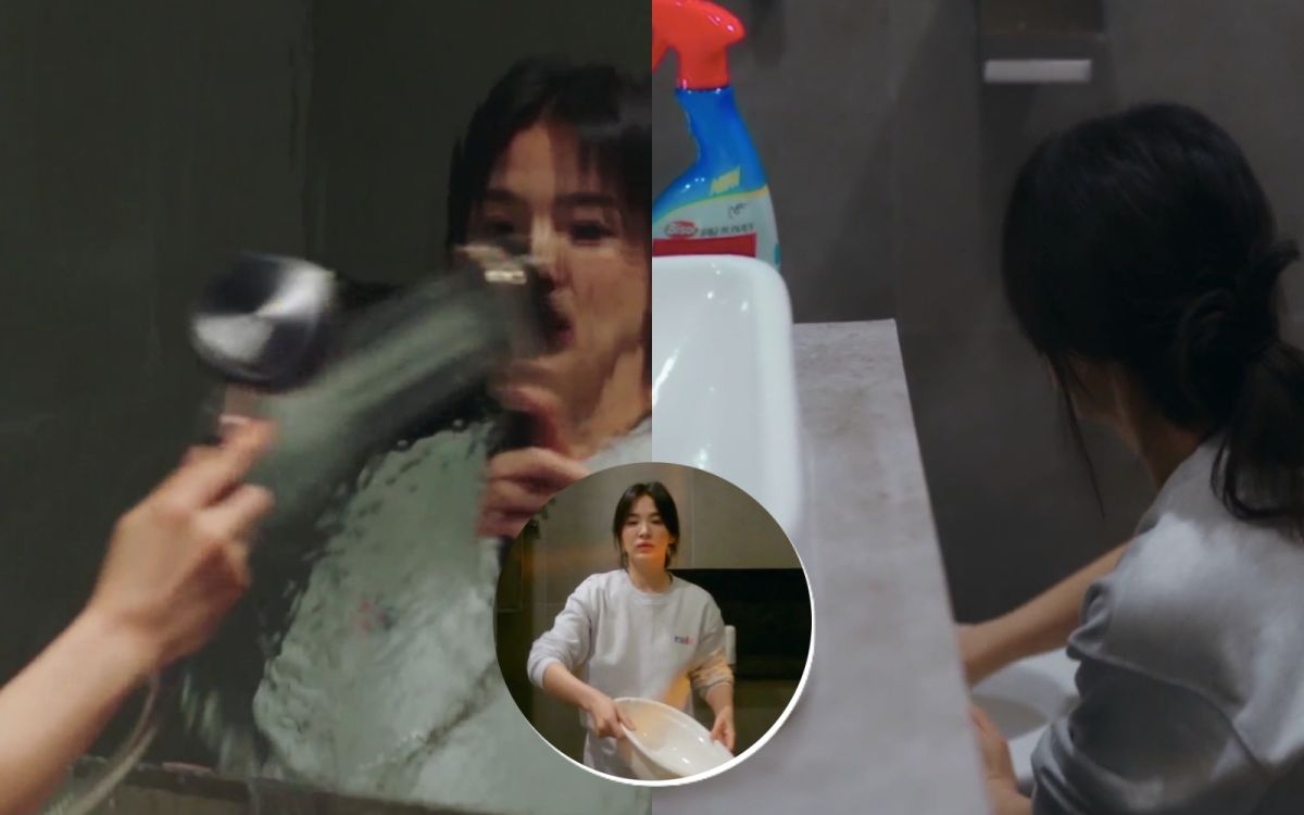 ▲《現正分手中》中,宋慧喬掃廁所刷馬桶。(圖/翻攝friDay影音)