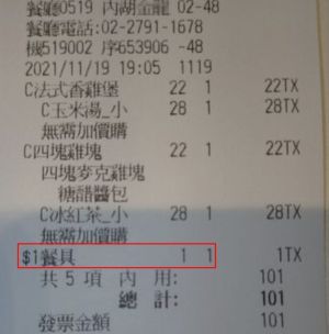 ▲網友曬出發票，證明去麥當勞買玉米湯，餐具被收費1元，引發熱議。（圖/PTT）