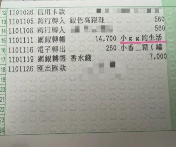 ▲原PO轉帳給先生時亂打備註,沒想到日前到銀行櫃檯辦理金融業務時,被行員狂笑,她一看存摺臉都綠了!(圖/翻攝自《Dcard》)
