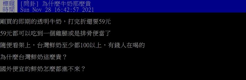 ▲網友好奇詢問「為什麼台灣鮮奶這麼貴？」（圖／翻攝PTT）