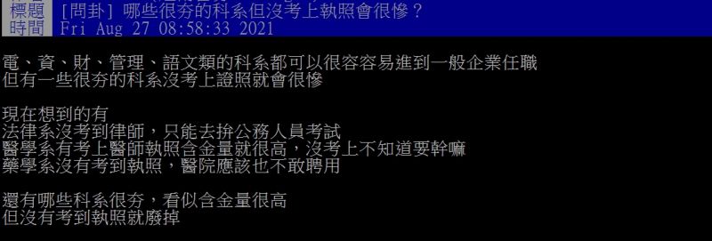 ▲網友好奇詢問「哪些很夯的科系但沒考上執照會很慘？」（圖／翻攝PTT）