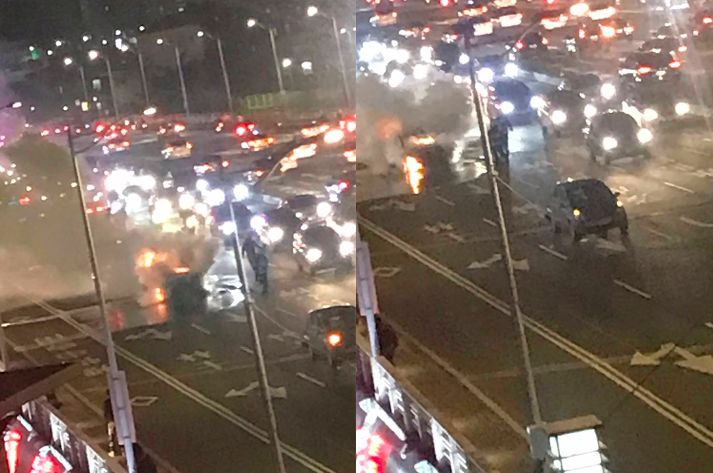 ▲台北市士林區今（30）日晚間18時許在百齡橋中正路往承德路方向，發生3台車追撞釀成火燒車意外。（圖／網友提供）