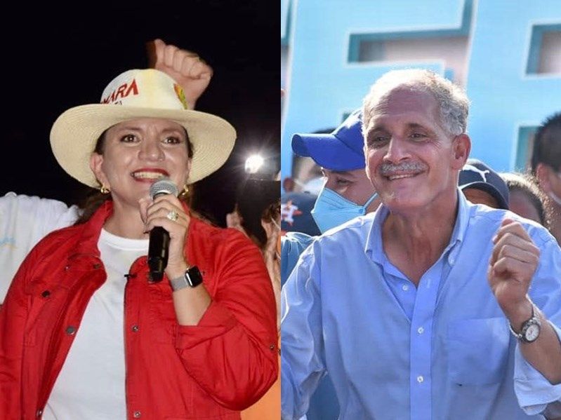 ▲宏都拉斯總統大選計票結果顯示，在野黨候選人秀瑪菈．卡斯楚（左）領先執政黨候選人阿斯夫拉（右）。（左圖取自facebook.com/XiomaraCastroZ，右圖取自facebook.com/papialaorden）