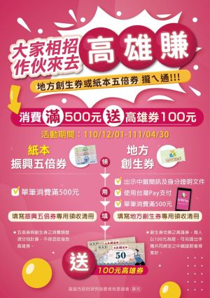 ▲民眾只要以地方創生券或紙本振興五倍券,在發放高雄券的地方創生店家單筆消費滿五百元,結帳時出示中籤通知簡訊及中籤者身分證明文件,即可當場賺進一百元高雄券。(圖/高市府提供) ▲民眾只要以地方創生券或紙本振興五倍券,在發放高雄券的地方創生店家單筆消費滿五百元,結帳時出示中籤通知簡訊及中籤者身分證明文件,即可當場賺進一百元高雄券。(圖/高市府提供)