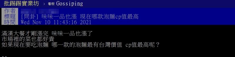 ▲網友好奇詢問「現在哪款泡麵cp值最高？」（圖／翻攝PTT）