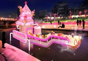 甜點控、珍奶控必收 「台中好甜」耶誕妝點中 ▲柳川水面則佇立「甜蜜夢工廠」(圖/新聞局提供2021.12.9)