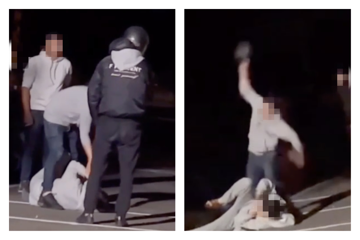▲台中市東勢河濱公園於12日晚間發生街頭暴力案，5位男子將一名男子圍在中間，持安全帽大力痛毆。（圖／翻攝自社會事）