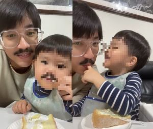 江宏傑 ▲小小傑餵江宏傑(左)吃蛋糕,被爸爸咬住手指笑開懷。(圖/翻攝江宏傑IG)