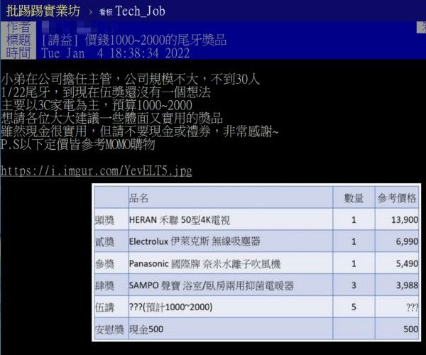 ▲原PO表示伍獎的預算是1000～2000的3C家電產品。（圖／翻攝自《PTT-Tech_Job》）